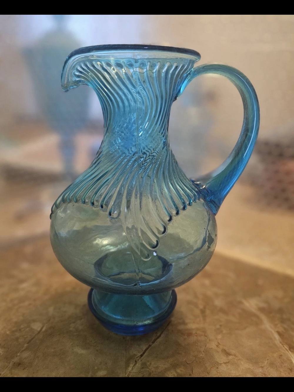 Vintage Tiara Indiana Glass Horizon Blue Hurricane Water Pitcher 9.5" MCM Swirl